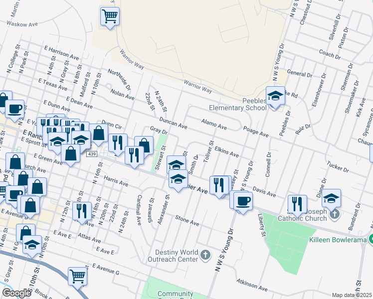 map of restaurants, bars, coffee shops, grocery stores, and more near 1208 Alexander Street in Killeen