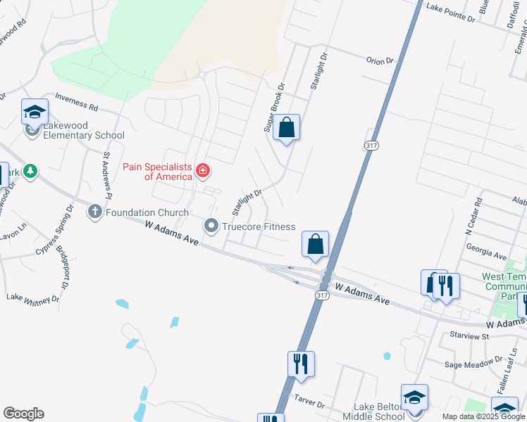 map of restaurants, bars, coffee shops, grocery stores, and more near 320 Peanut Drive in Temple