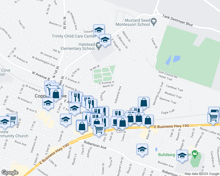 map of restaurants, bars, coffee shops, grocery stores, and more near 316 Erby Avenue in Copperas Cove