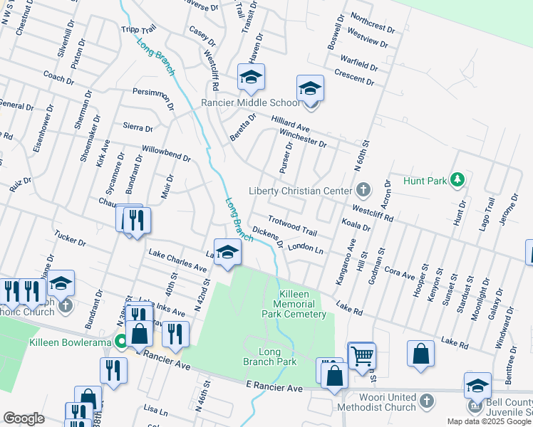 map of restaurants, bars, coffee shops, grocery stores, and more near 3607 Trotwood Trail in Killeen