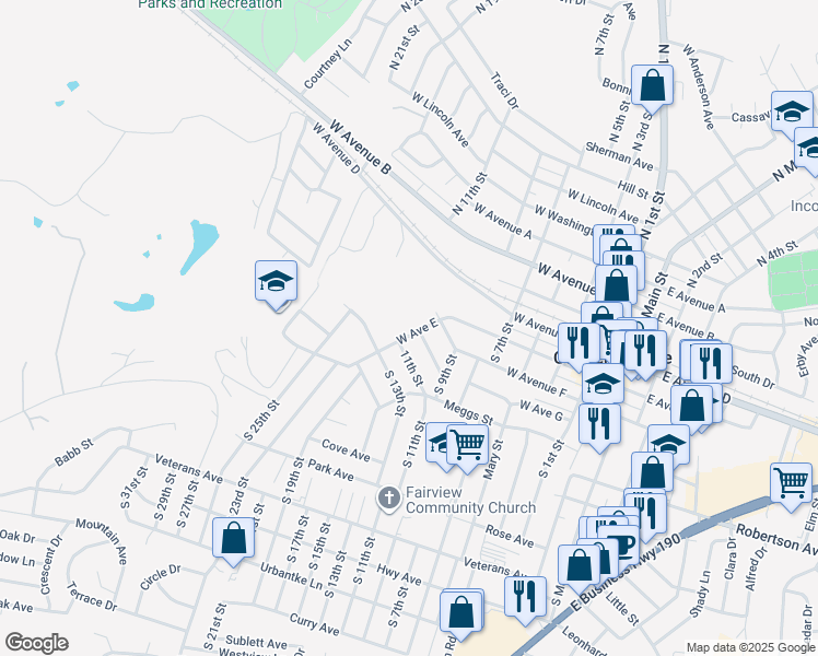 map of restaurants, bars, coffee shops, grocery stores, and more near 712 West Avenue East in Copperas Cove