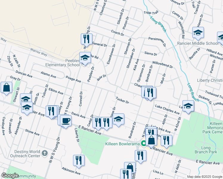 map of restaurants, bars, coffee shops, grocery stores, and more near 2603 Poage Avenue in Killeen