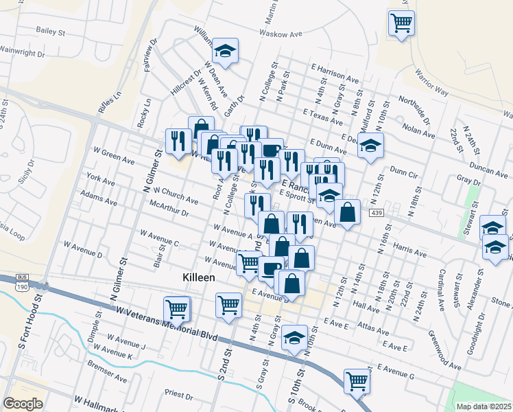 map of restaurants, bars, coffee shops, grocery stores, and more near 114 West Green Avenue in Killeen