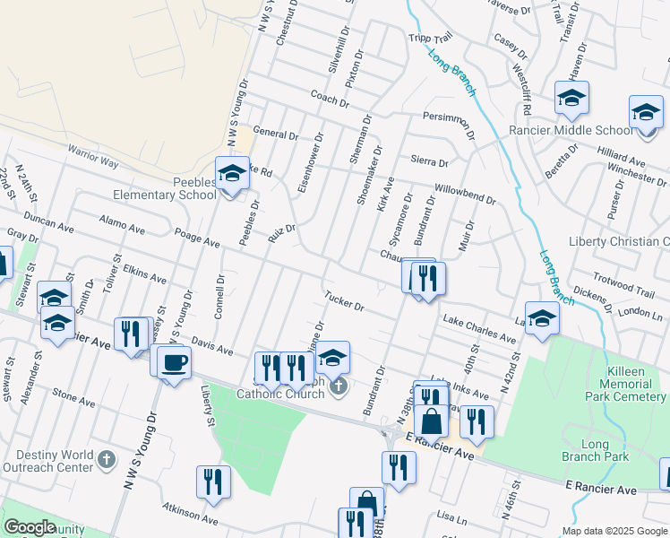 map of restaurants, bars, coffee shops, grocery stores, and more near 2702 Lake Road in Killeen