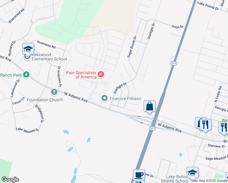 map of restaurants, bars, coffee shops, grocery stores, and more near 308 Starlight Drive in Temple
