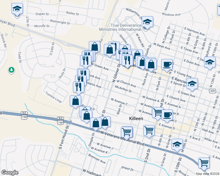 map of restaurants, bars, coffee shops, grocery stores, and more near 507 North Gilmer Street in Killeen