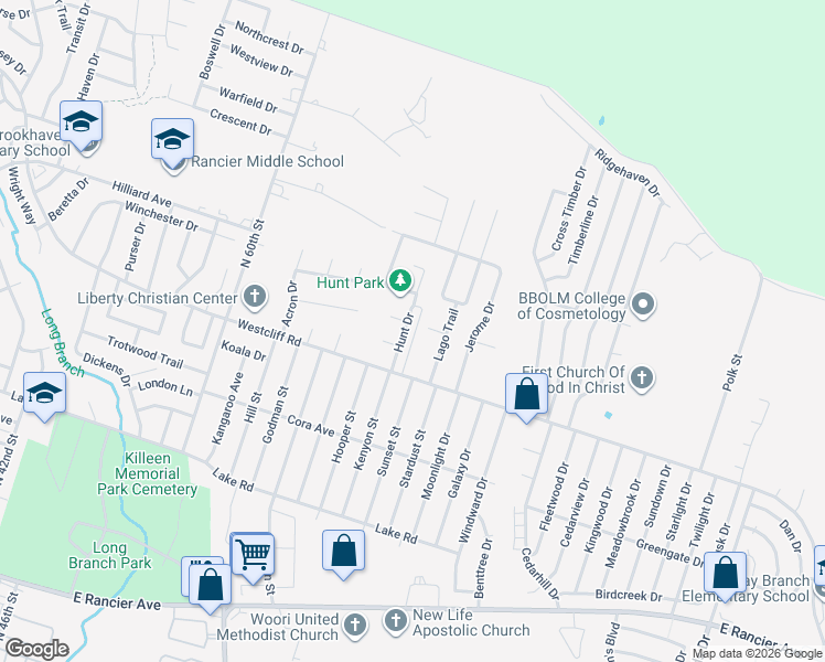 map of restaurants, bars, coffee shops, grocery stores, and more near 2202 Hunt Drive in Killeen