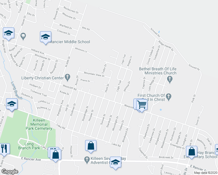 map of restaurants, bars, coffee shops, grocery stores, and more near 2204 Hunt Drive in Killeen