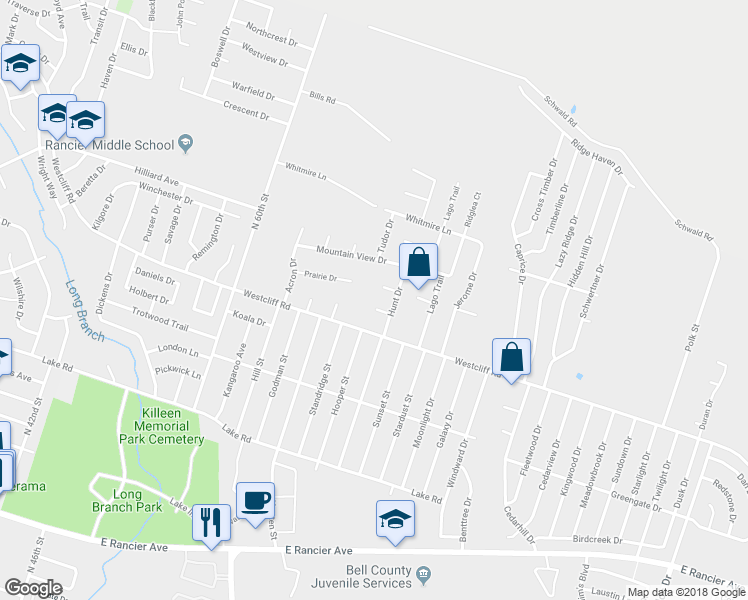 map of restaurants, bars, coffee shops, grocery stores, and more near 4501 Hunt Circle in Killeen