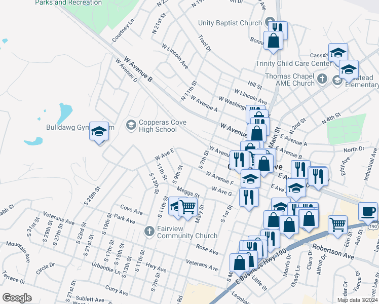 map of restaurants, bars, coffee shops, grocery stores, and more near 604 West Avenue East in Copperas Cove
