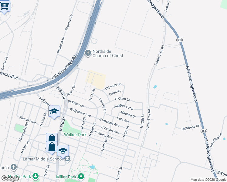 map of restaurants, bars, coffee shops, grocery stores, and more near 112 Calvin Drive in Temple