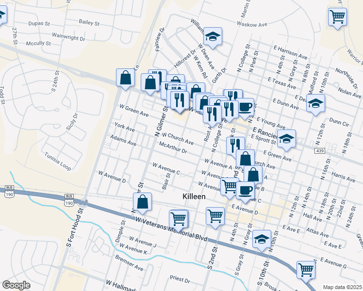 map of restaurants, bars, coffee shops, grocery stores, and more near 511 McArthur Drive in Killeen