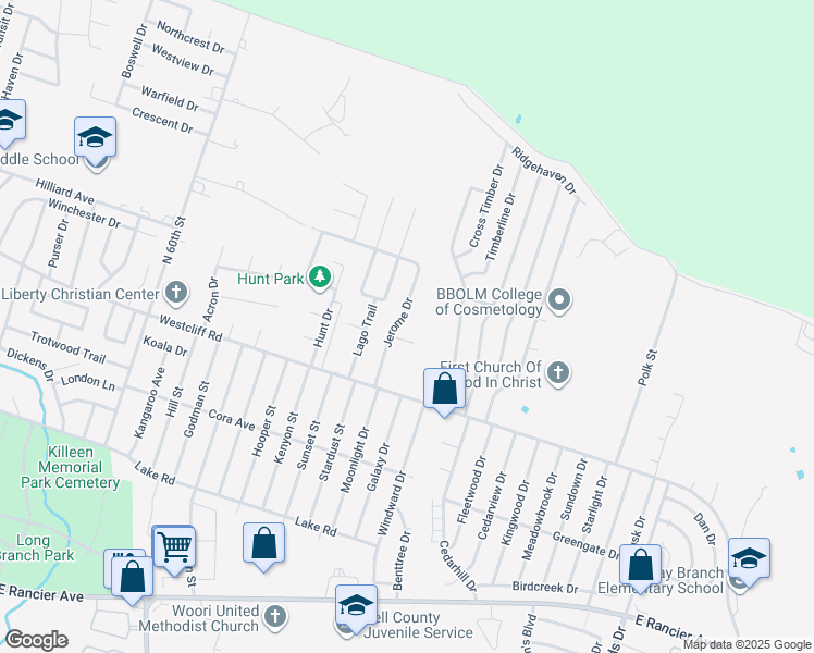 map of restaurants, bars, coffee shops, grocery stores, and more near 2300 Jerome Drive in Killeen