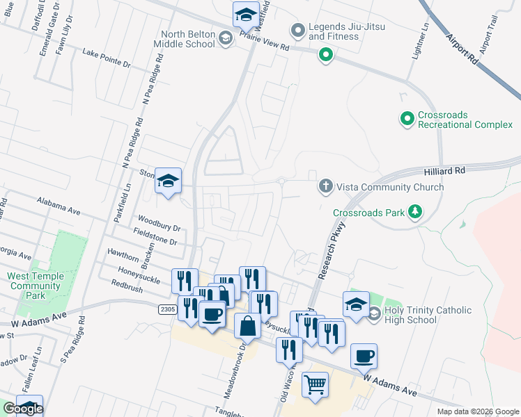 map of restaurants, bars, coffee shops, grocery stores, and more near 628 Ripplewood Drive in Temple