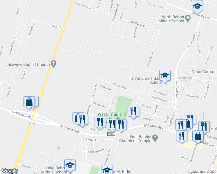 map of restaurants, bars, coffee shops, grocery stores, and more near 8606 Alaska Avenue in Temple
