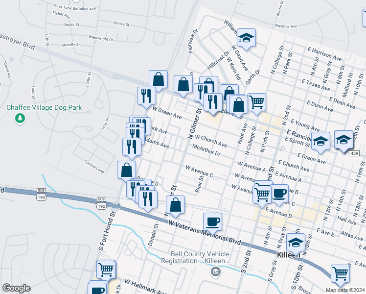 map of restaurants, bars, coffee shops, grocery stores, and more near 507 North Gilmer Street in Killeen