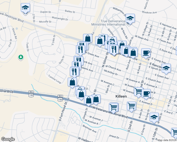 map of restaurants, bars, coffee shops, grocery stores, and more near 415 Washington Street in Killeen
