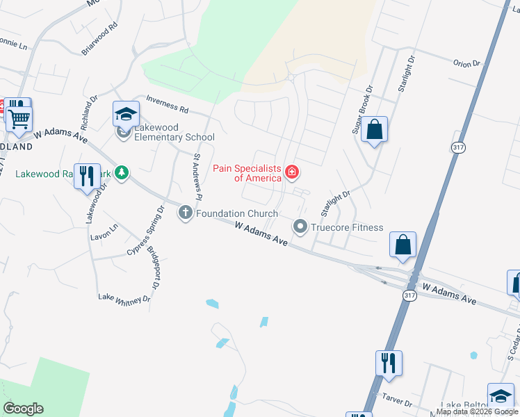 map of restaurants, bars, coffee shops, grocery stores, and more near 10307 Bryson Drive in Temple