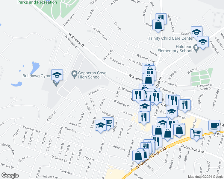 map of restaurants, bars, coffee shops, grocery stores, and more near 606 West Avenue East in Copperas Cove