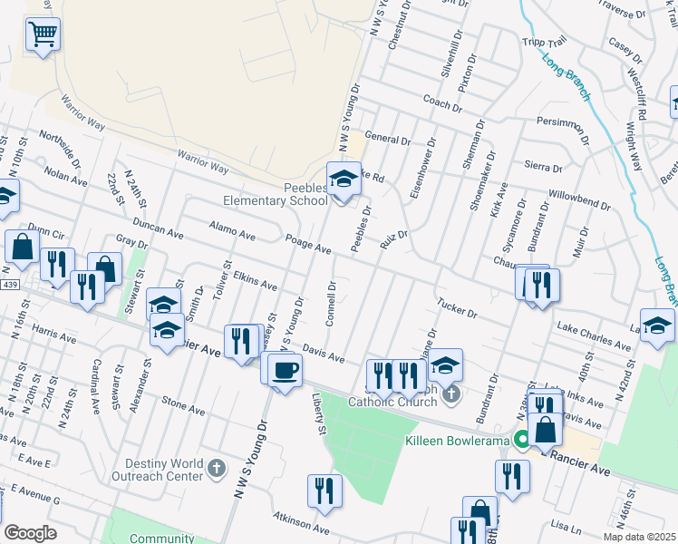 map of restaurants, bars, coffee shops, grocery stores, and more near 1411 Connell Drive in Killeen