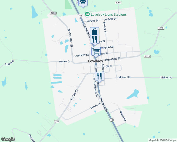 map of restaurants, bars, coffee shops, grocery stores, and more near 650 Cox Street in Lovelady