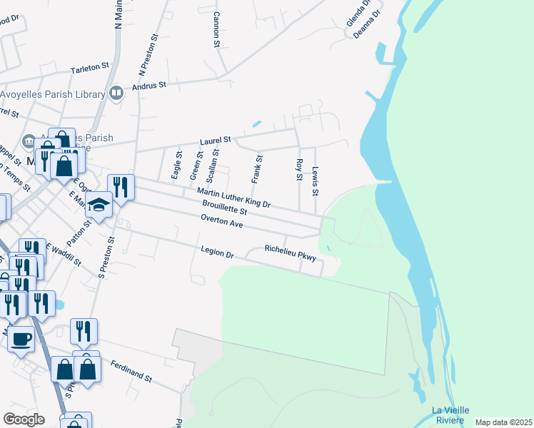 map of restaurants, bars, coffee shops, grocery stores, and more near 276-798 Brouillette Street in Marksville
