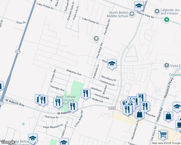 map of restaurants, bars, coffee shops, grocery stores, and more near 8206 Alabama Avenue in Temple