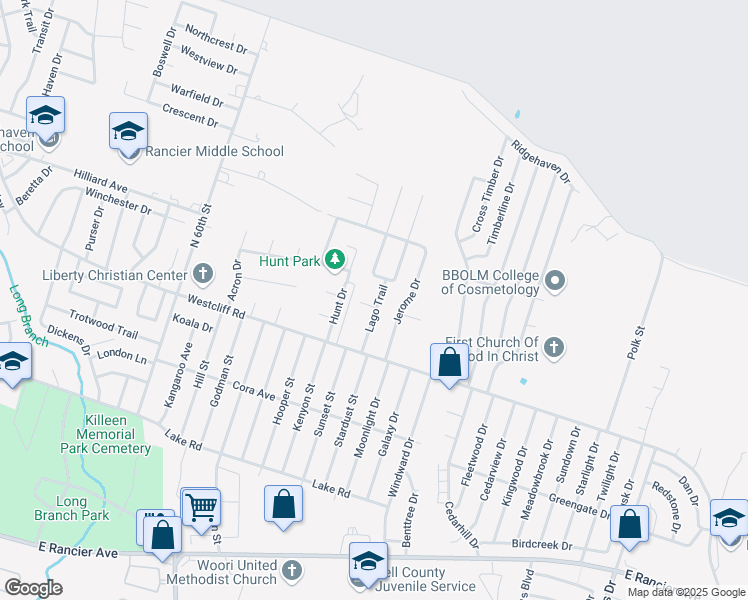 map of restaurants, bars, coffee shops, grocery stores, and more near 2209 Lago Trail in Killeen