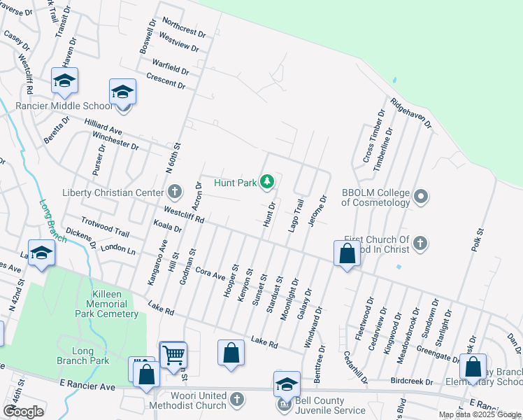 map of restaurants, bars, coffee shops, grocery stores, and more near 4501 Hunt Circle in Killeen