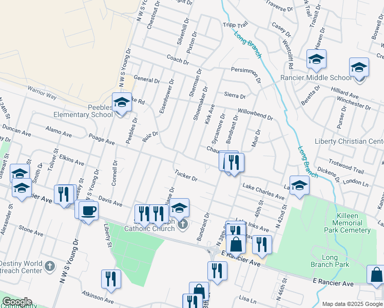 map of restaurants, bars, coffee shops, grocery stores, and more near 2702 Lake Road in Killeen