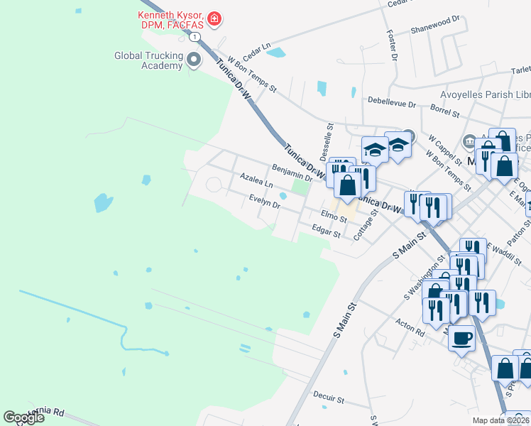 map of restaurants, bars, coffee shops, grocery stores, and more near Marigold Street in Marksville