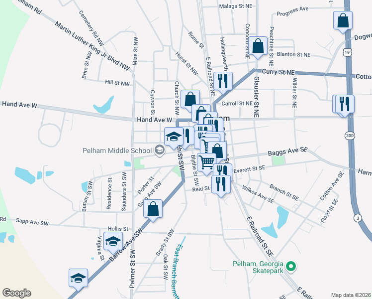 map of restaurants, bars, coffee shops, grocery stores, and more near 152-198 Jackson St SW in Pelham