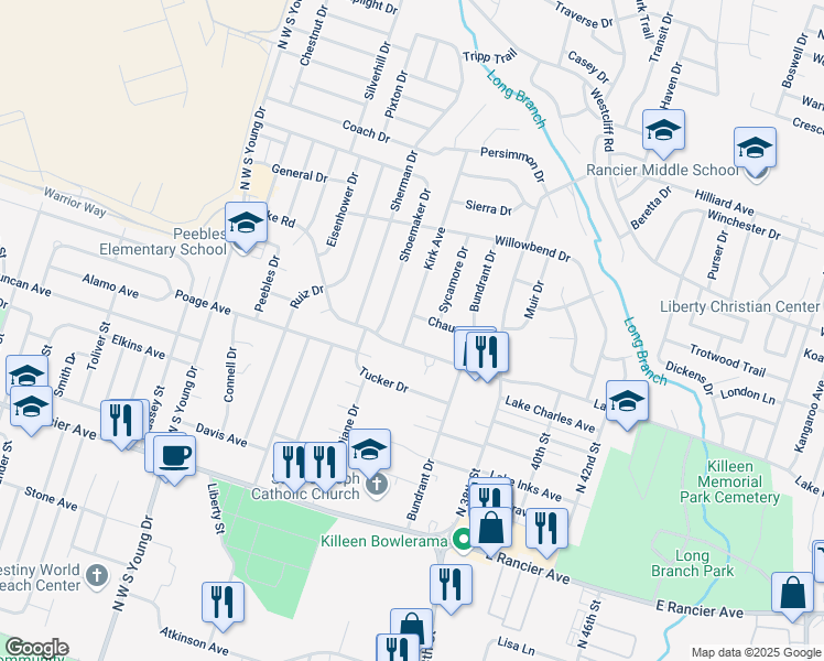 map of restaurants, bars, coffee shops, grocery stores, and more near 2901 Lake Road in Killeen