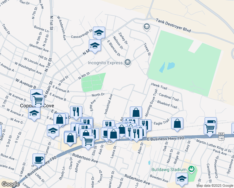 map of restaurants, bars, coffee shops, grocery stores, and more near in Copperas Cove