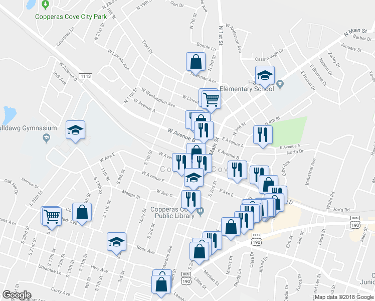map of restaurants, bars, coffee shops, grocery stores, and more near 204 West Avenue C in Copperas Cove