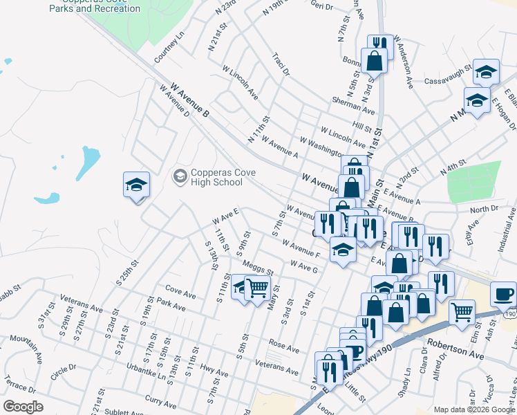 map of restaurants, bars, coffee shops, grocery stores, and more near 604 West Avenue East in Copperas Cove