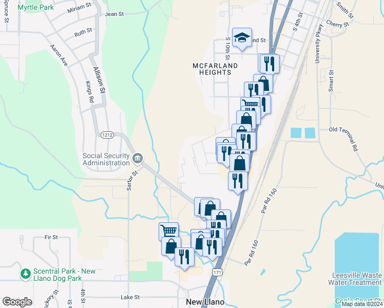 map of restaurants, bars, coffee shops, grocery stores, and more near 1604 Amour Drive in Leesville