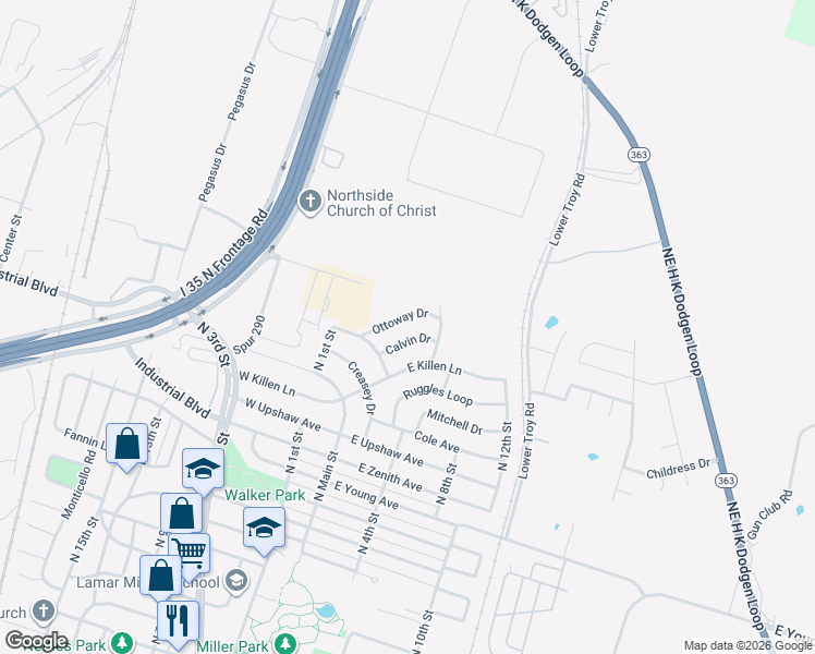 map of restaurants, bars, coffee shops, grocery stores, and more near 112 Calvin Drive in Temple