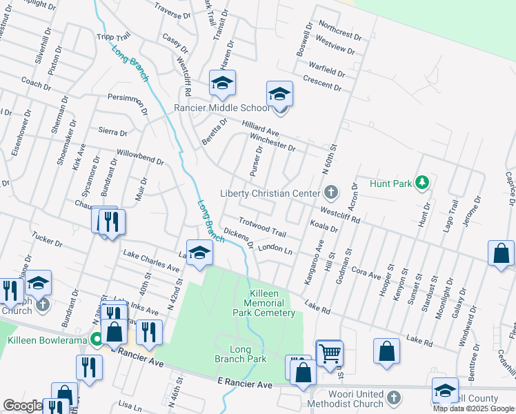 map of restaurants, bars, coffee shops, grocery stores, and more near 3802 Holbert Drive in Killeen