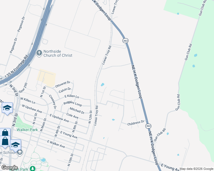 map of restaurants, bars, coffee shops, grocery stores, and more near 3236 Lower Troy Road in Temple