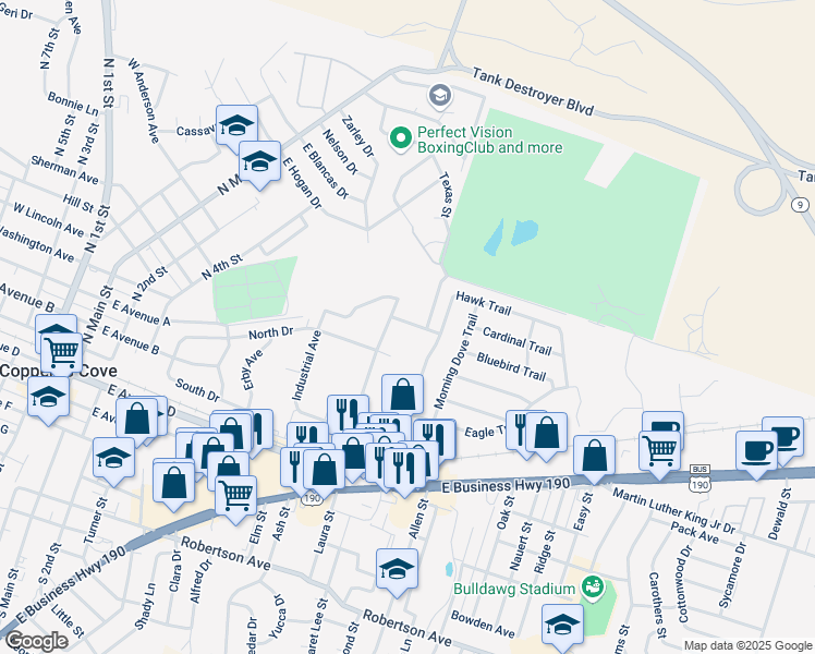 map of restaurants, bars, coffee shops, grocery stores, and more near 132 Wolfe Road in Copperas Cove