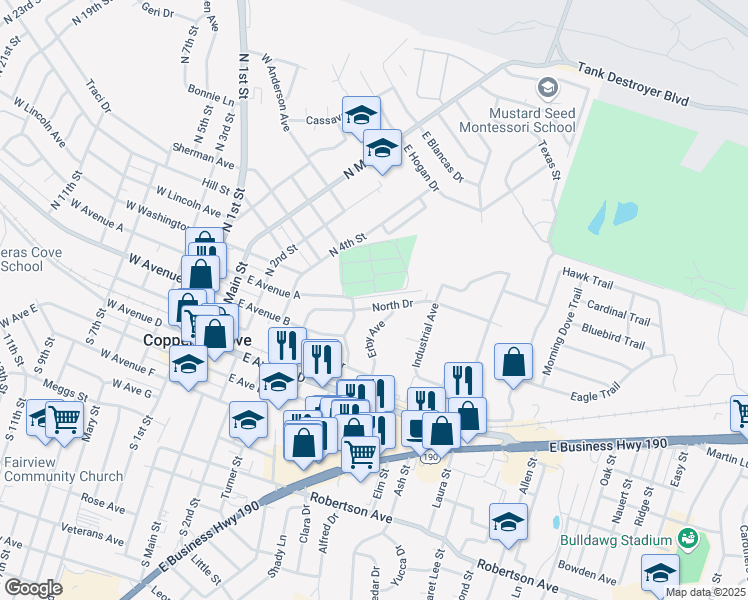 map of restaurants, bars, coffee shops, grocery stores, and more near 204 North Drive in Copperas Cove
