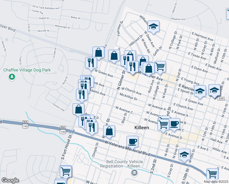 map of restaurants, bars, coffee shops, grocery stores, and more near 512 Wyoming Street in Killeen
