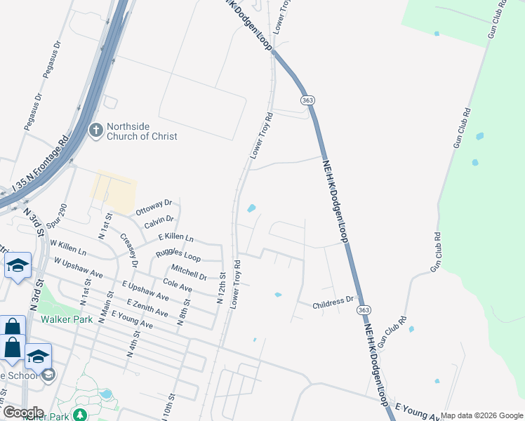 map of restaurants, bars, coffee shops, grocery stores, and more near 3236 Lower Troy Road in Temple