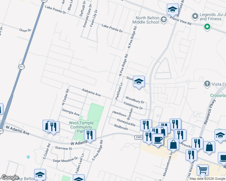 map of restaurants, bars, coffee shops, grocery stores, and more near 8206 Alabama Avenue in Temple