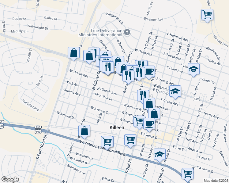 map of restaurants, bars, coffee shops, grocery stores, and more near 511 McArthur Drive in Killeen