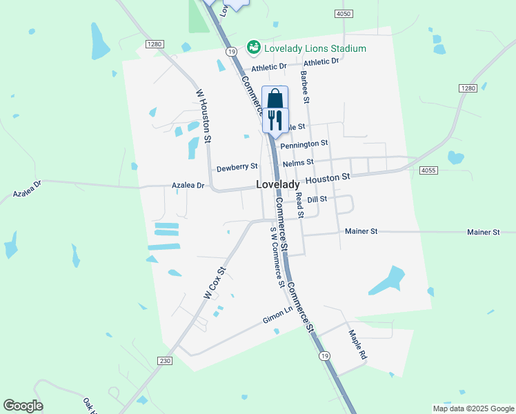 map of restaurants, bars, coffee shops, grocery stores, and more near 650 Cox Street in Lovelady