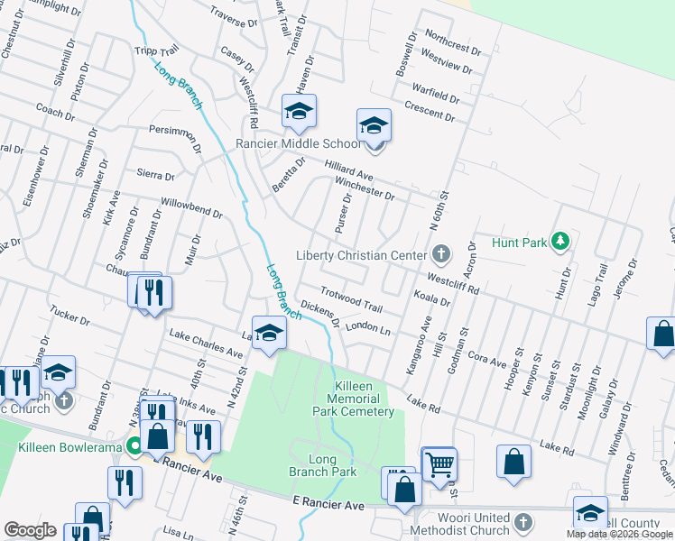 map of restaurants, bars, coffee shops, grocery stores, and more near 3802 Holbert Drive in Killeen
