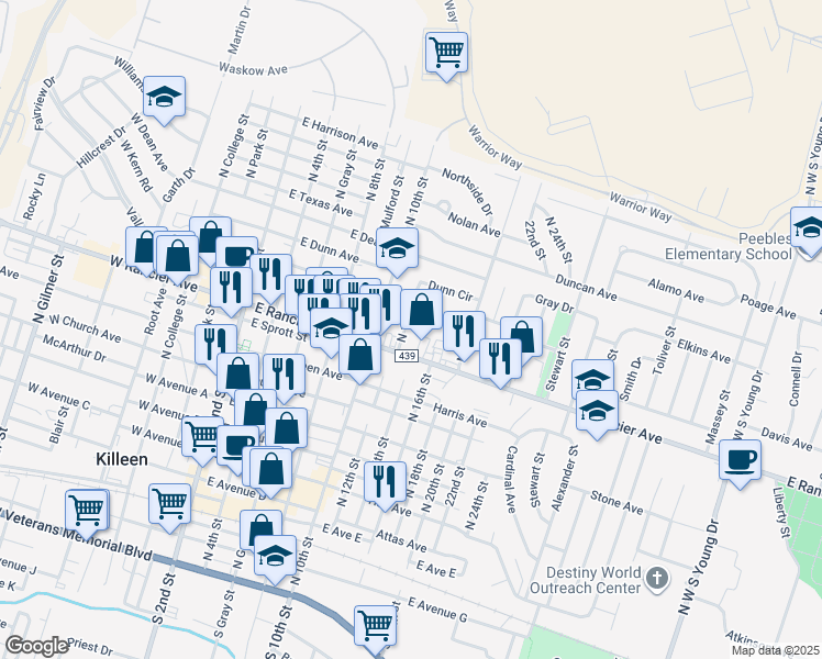 map of restaurants, bars, coffee shops, grocery stores, and more near 603 East Rancier Avenue in Killeen