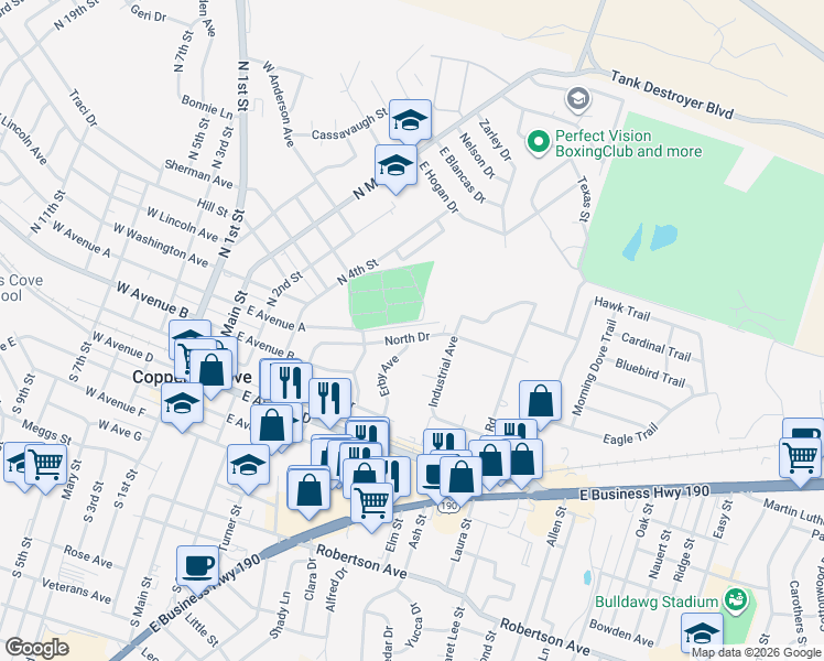 map of restaurants, bars, coffee shops, grocery stores, and more near 316 Erby Avenue in Copperas Cove